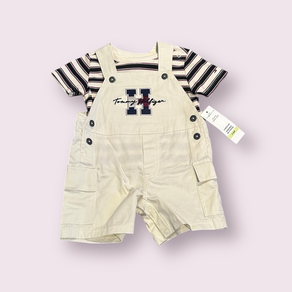 NWT Baby Tommy Hilfiger Cream Overalls With Striped Shirt Sz 3-6 Months